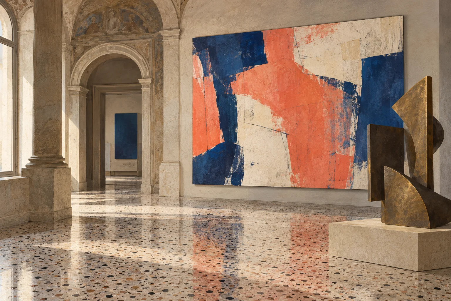 Editorial illustration of an imagined modern gallery with a coral and indigo abstract canvas, geometric bronze sculpture and pale historic arches.