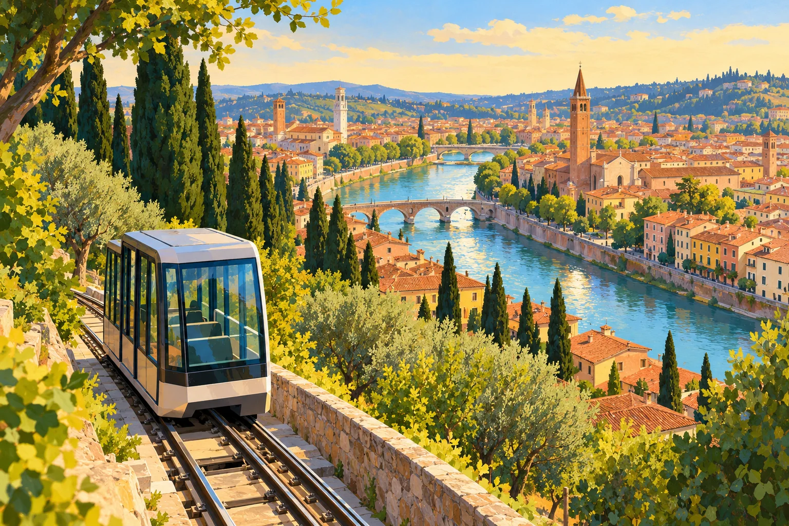 Editorial illustration of an imagined glass funicular cabin on a leafy hillside above terracotta roofs and a curving blue river.