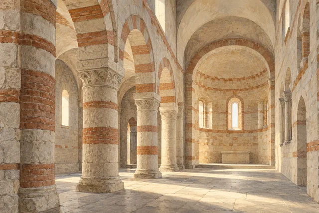 Editorial architectural watercolor of an imagined intimate Romanesque aisle with rounded arches, pale stone, brick bands and soft floor shadows.
