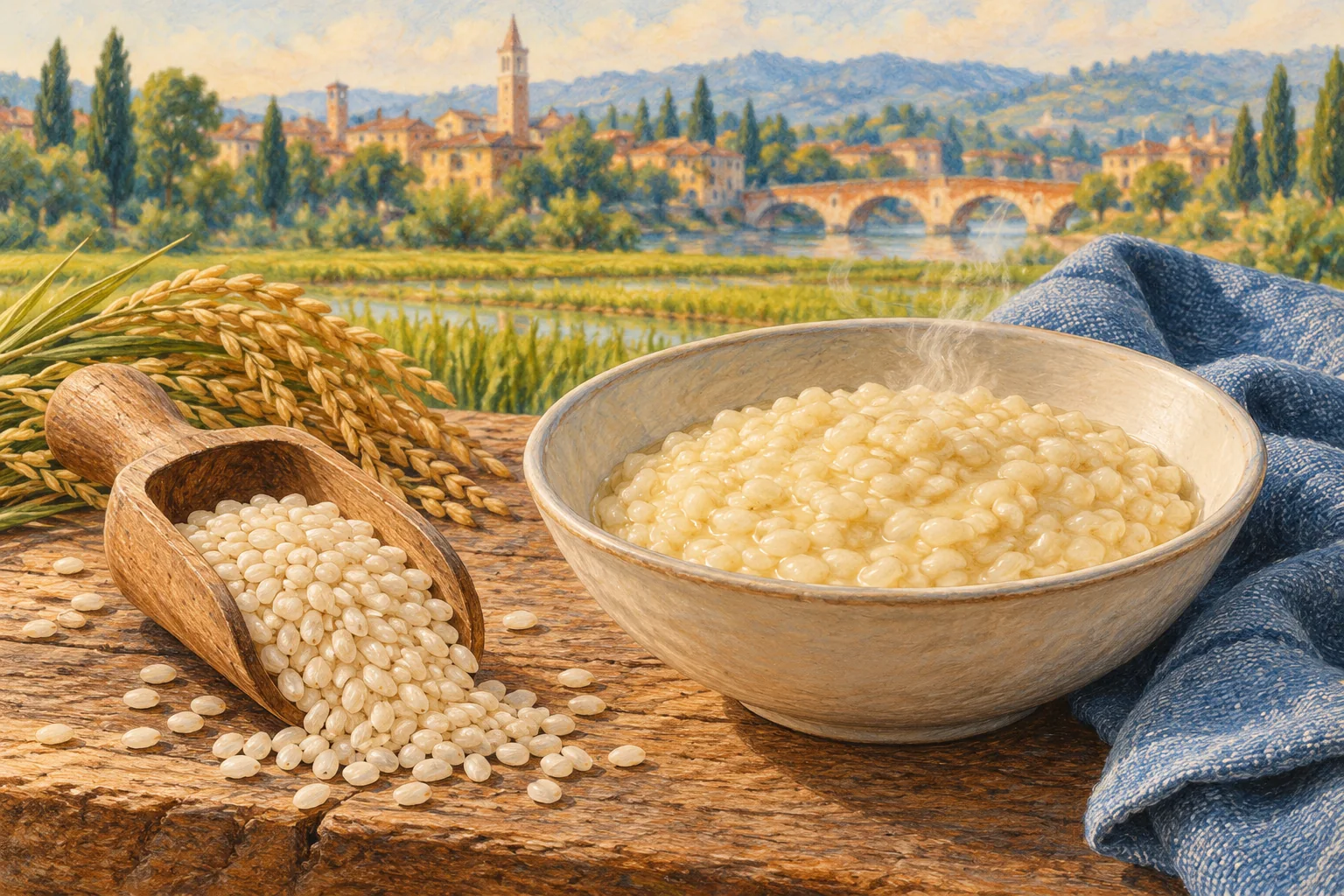 Editorial gouache still life of a wooden scoop of pale rice grains beside a cream bowl of plain risotto and blue linen, with fields softly suggested beyond.