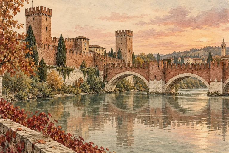 Editorial illustration of Castelvecchio’s brick battlements and fortified bridge over the River Adige.