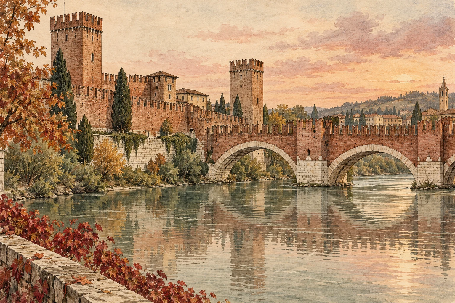 Editorial illustration of Castelvecchio’s brick battlements and fortified bridge over the River Adige.