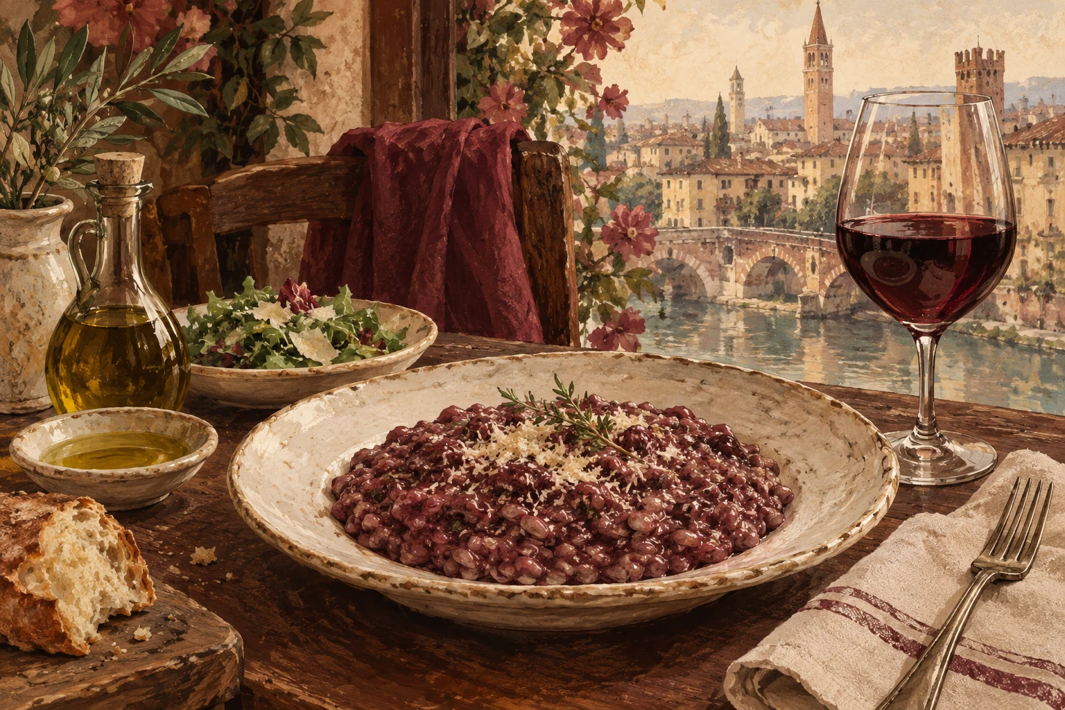 Editorial still life of Amarone risotto, a red-wine glass, salad and linen on a Verona-inspired osteria table.