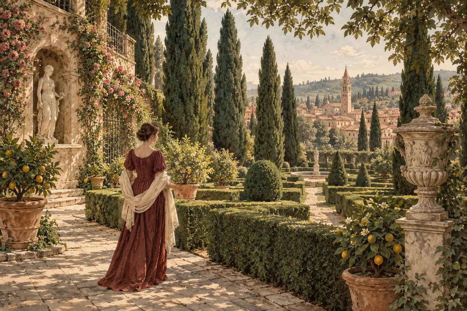 Editorial illustration of Renaissance garden hedges, cypresses, citrus pots and stone paths inspired by Giardino Giusti.