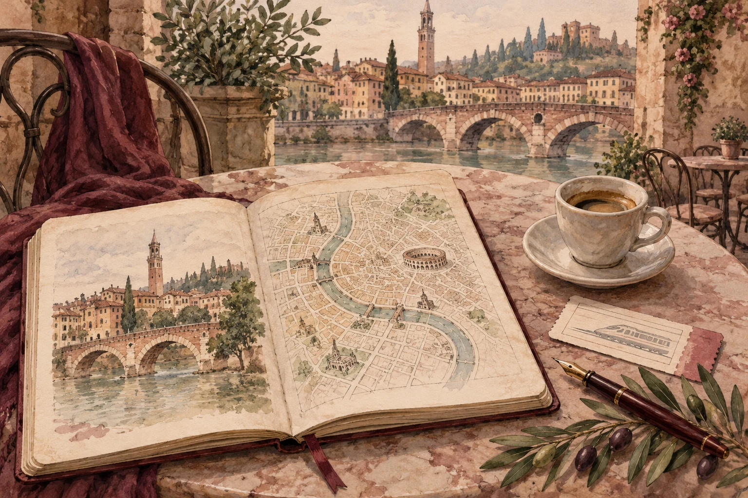 A map, espresso and notebook for planning a Verona day