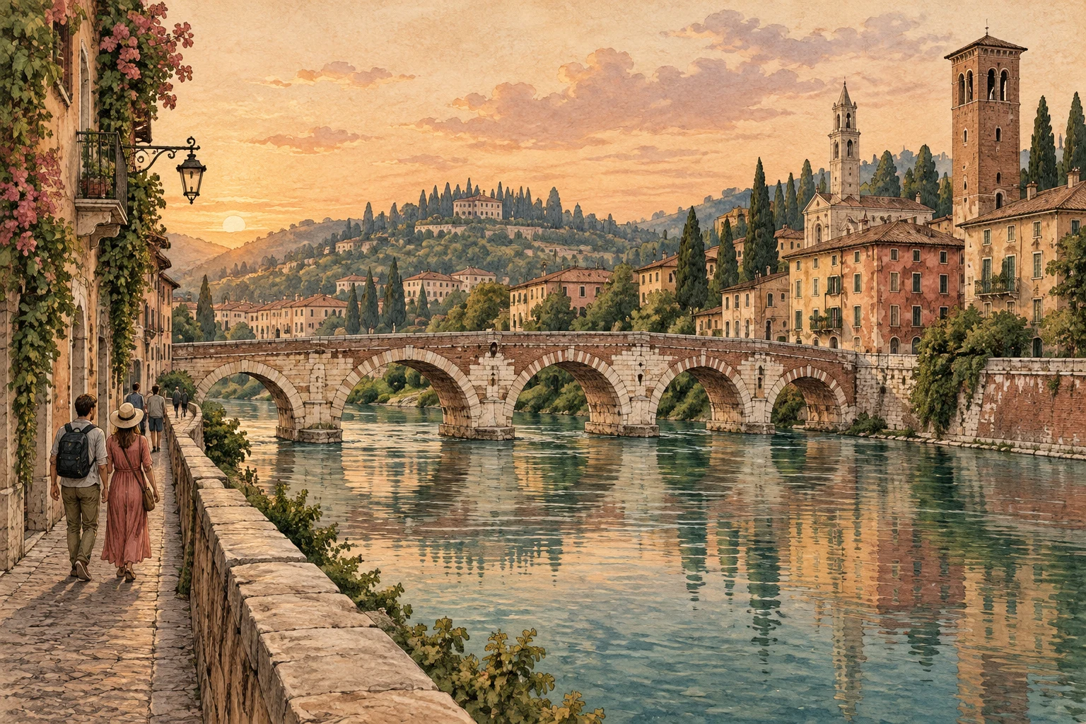 Editorial illustration of Ponte Pietra and warm-toned buildings beside the River Adige
