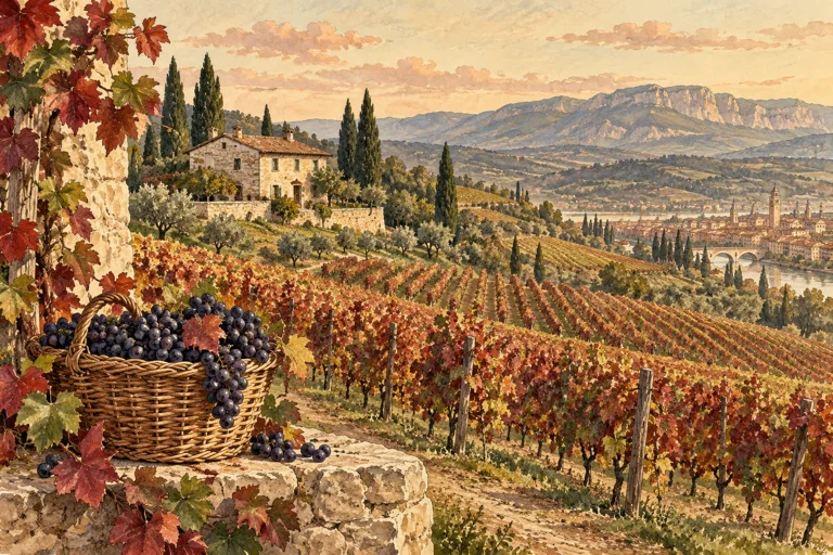 Editorial illustration of autumn grape vines, a basket of dark grapes and a stone farmhouse in the Valpolicella hills.