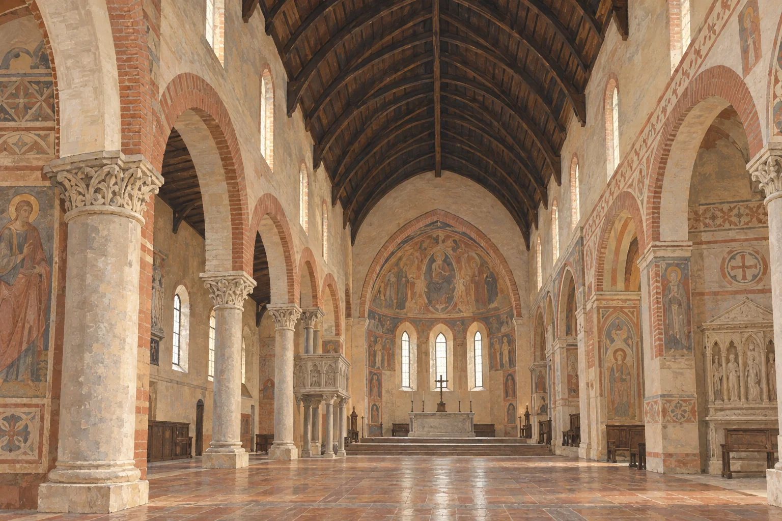 Illustration inspired by Verona’s medieval churches, with a tall timber ceiling, painted arches and quiet stone interior.