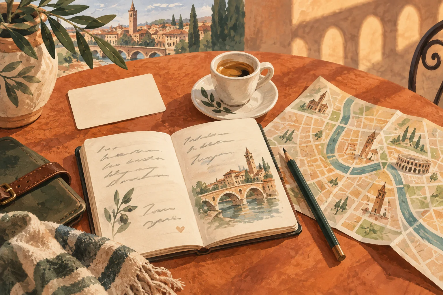 Illustrated Verona travel-planning still life with a blank card, notebook, abstract map, pencil and espresso.