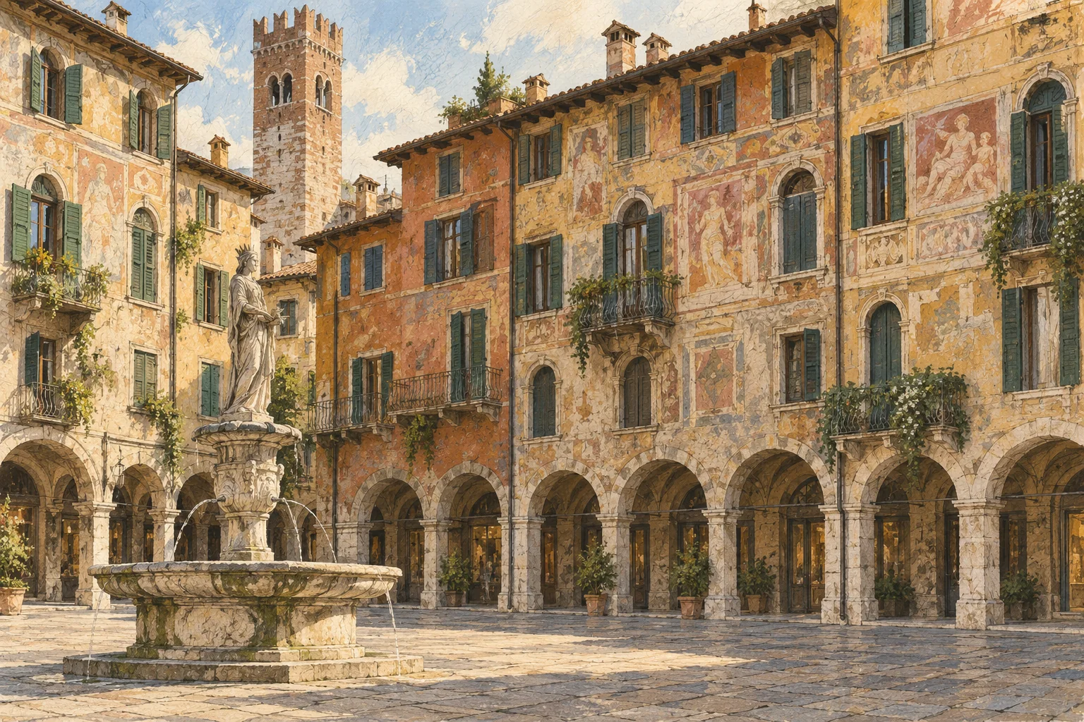 Interpretive architectural illustration of painted Verona facades, arcades and a fountain inspired by Piazza delle Erbe.
