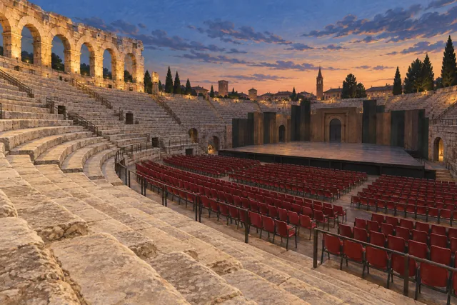 Interpretive illustration of stone tiers and rows of red chairs facing an empty stage in a Verona-inspired amphitheatre at dusk.