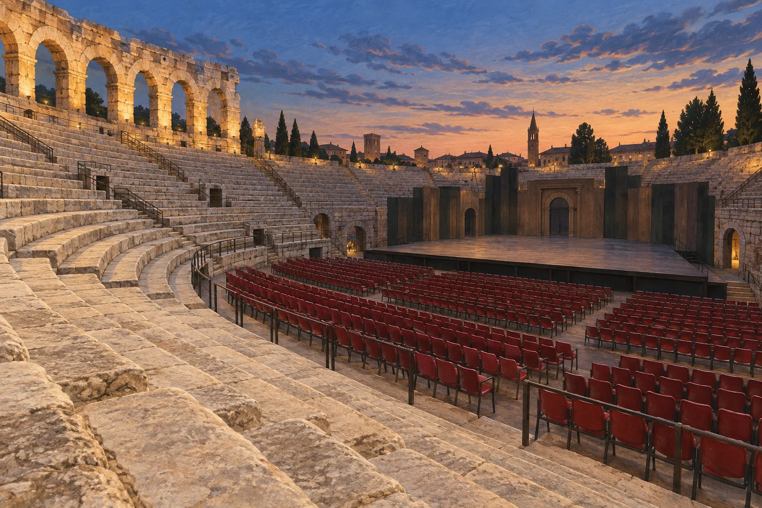 Interpretive illustration of stone tiers and rows of red chairs facing an empty stage in a Verona-inspired amphitheatre at dusk.