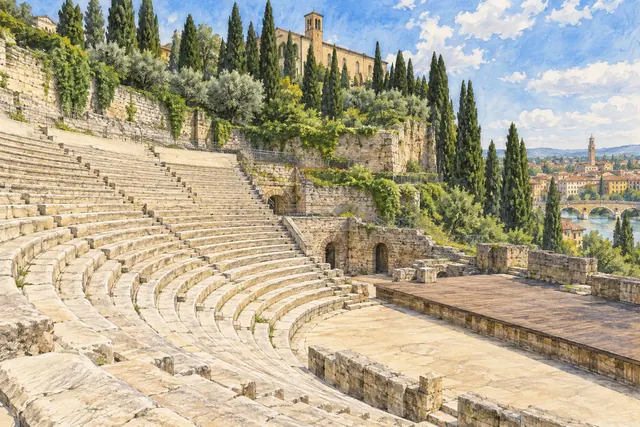 Interpretive watercolor of semicircular hillside seating and a modest stage inspired by Verona’s Roman Theatre, with cypress trees above.