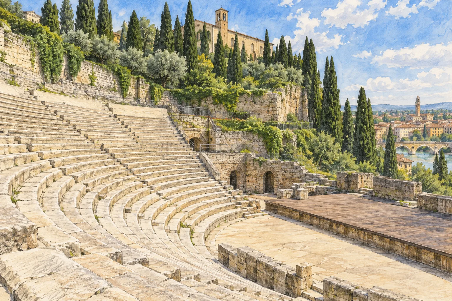 Interpretive watercolor of semicircular hillside seating and a modest stage inspired by Verona’s Roman Theatre, with cypress trees above.