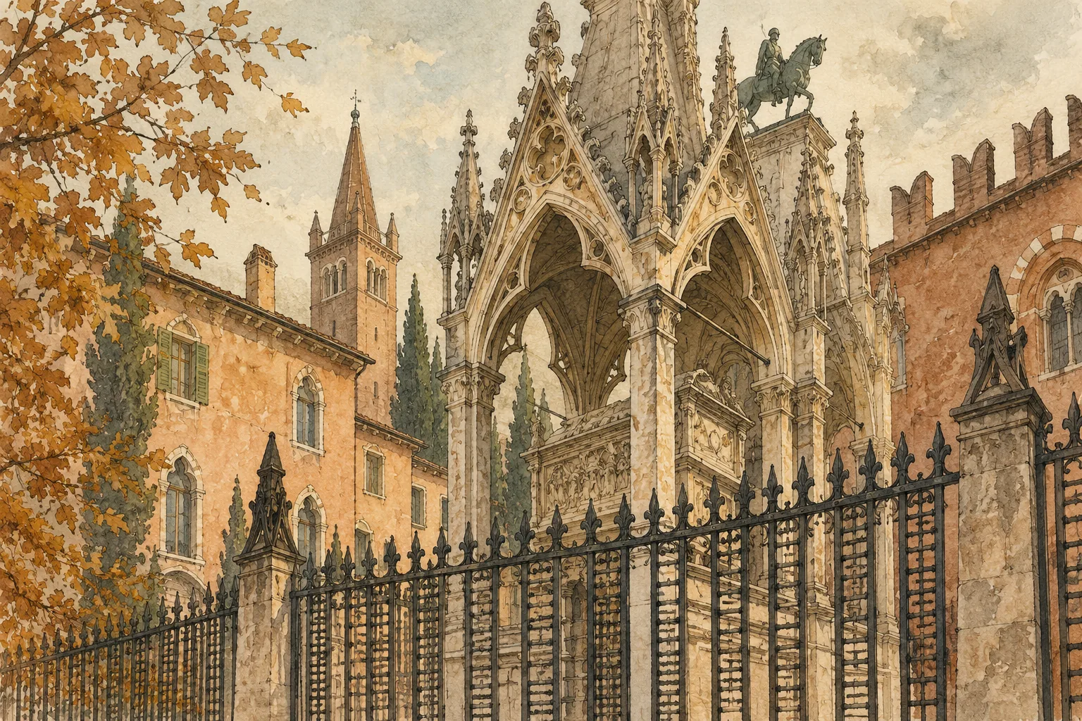 Interpretive architectural illustration of Gothic stone canopies and a wrought-iron fence inspired by Verona’s Scaliger tombs.