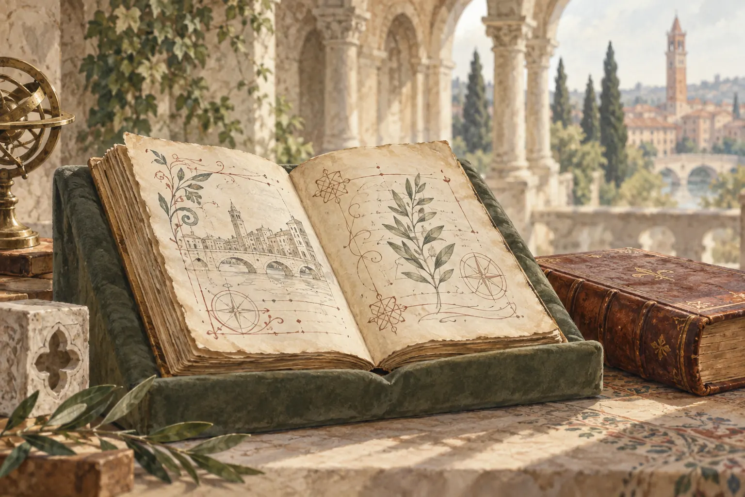 Illustration of an open parchment manuscript on a padded cradle beside a leather-bound book, with soft stone arches in the background.