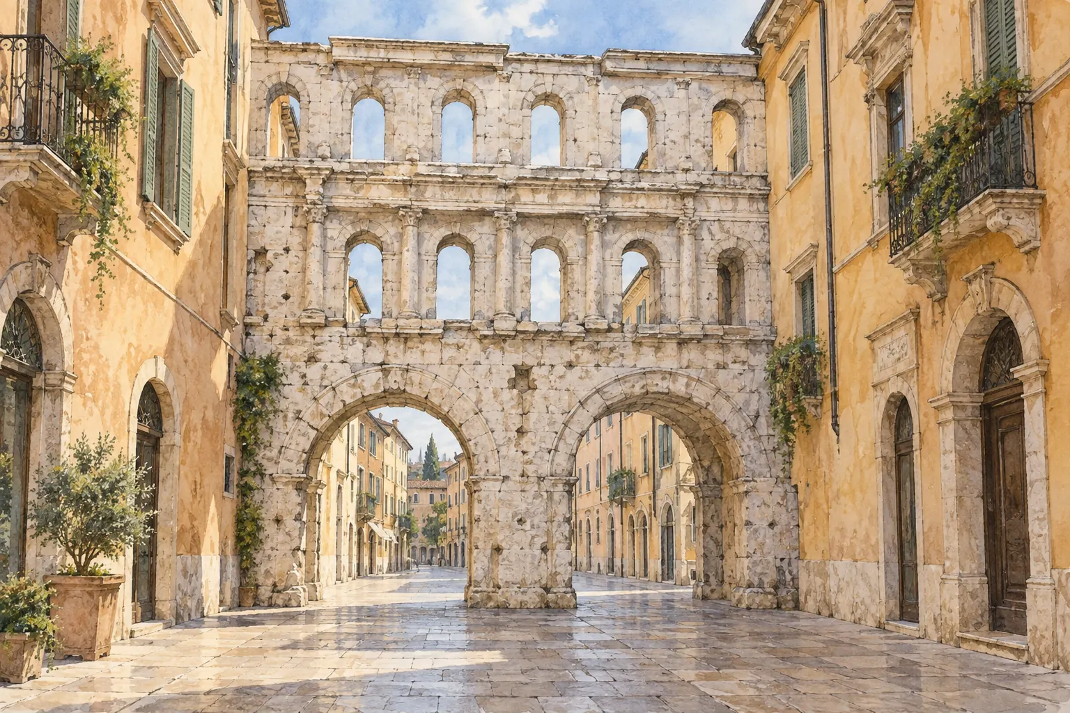 Watercolor interpretation of Verona’s pale stone Porta Borsari, with two large archways and rows of smaller windows between warm-colored buildings.