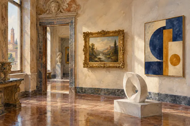 Conceptual watercolor gallery interior with a framed landscape, geometric abstract painting and pale sculpture in a historic Verona-inspired room.
