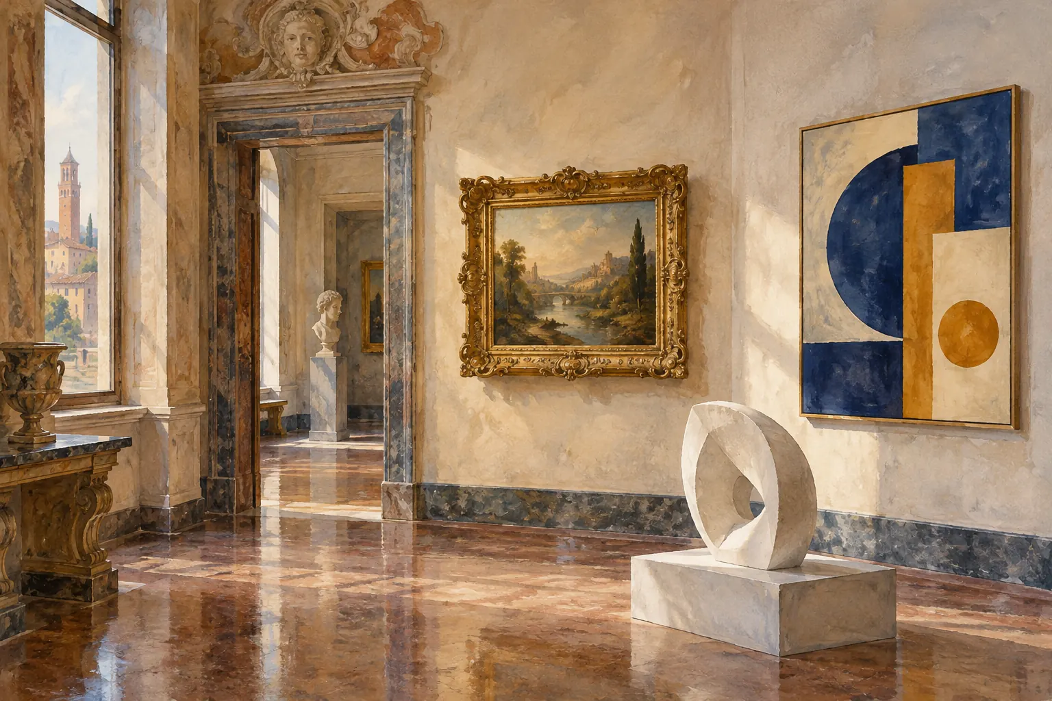 Conceptual watercolor gallery interior with a framed landscape, geometric abstract painting and pale sculpture in a historic Verona-inspired room.