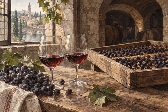 Editorial gouache still life of two small red-wine pours, vine leaves and grapes on a wooden drying tray.