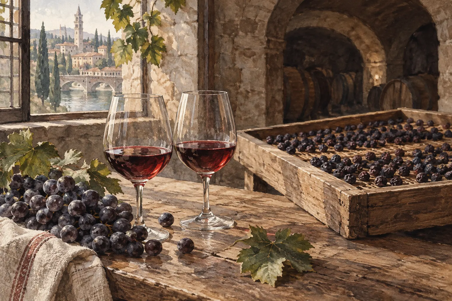 Editorial gouache still life of two small red-wine pours, vine leaves and grapes on a wooden drying tray.