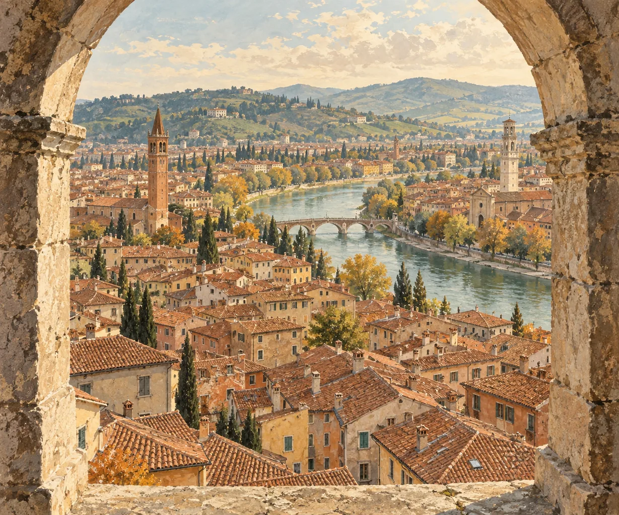 Gouache illustration of Verona’s terracotta rooftops and distant river framed by a stone tower opening.
