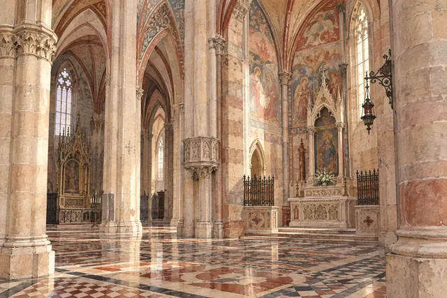Interpretive watercolor of Gothic arches, patterned paving and a decorated chapel inspired by Sant’Anastasia in Verona.