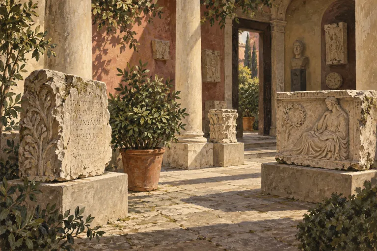 Interpretive gouache illustration of ancient carved stones and a relief in a quiet museum courtyard inspired by Verona.