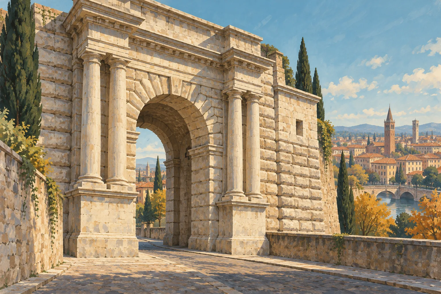 Interpretive gouache study of a rusticated Renaissance gateway with paired columns, inspired by Verona’s Porta Palio.