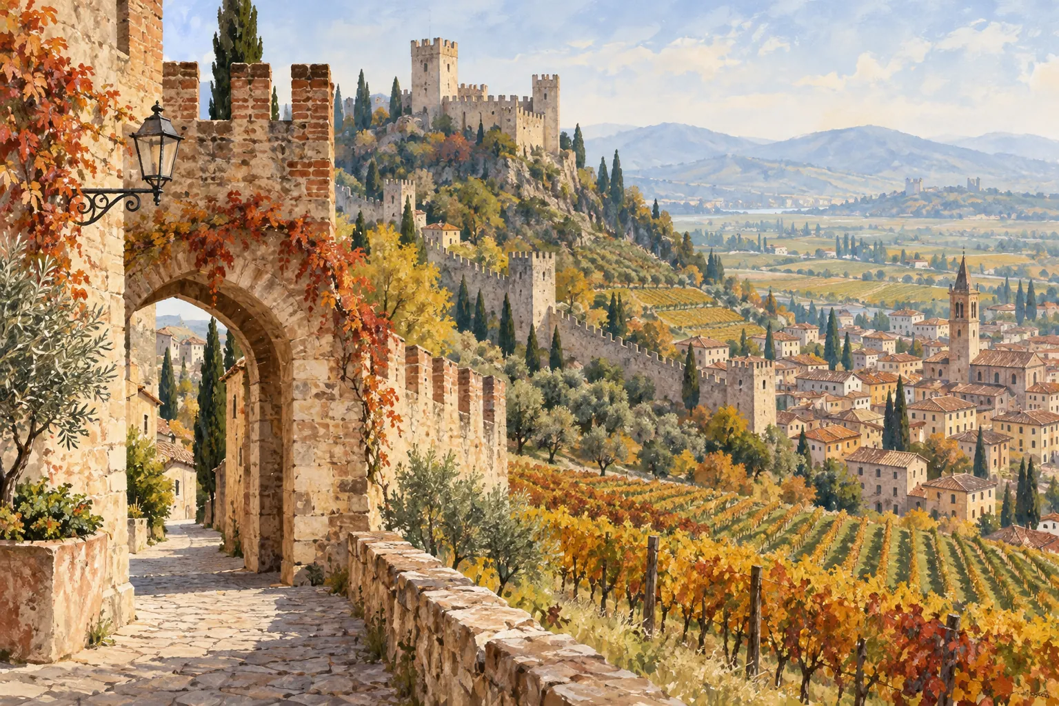 Conceptual watercolor illustration of a hilltop castle, fortified town and autumn vineyards inspired by Soave near Verona.