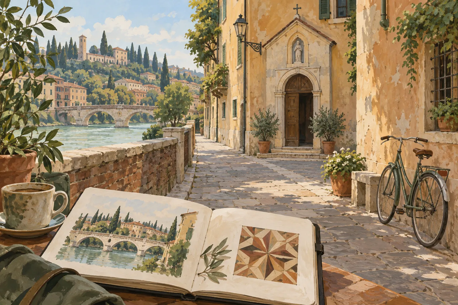 Interpretive gouache illustration of an imagined Veronetta street with ochre buildings, a church doorway and a river sketch in a notebook.