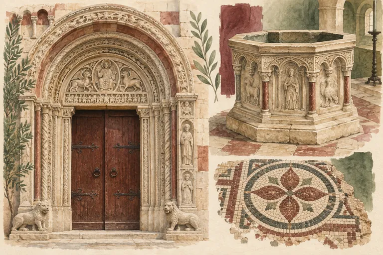 Conceptual architectural study of a Romanesque doorway, stone baptismal font and mosaic fragments.