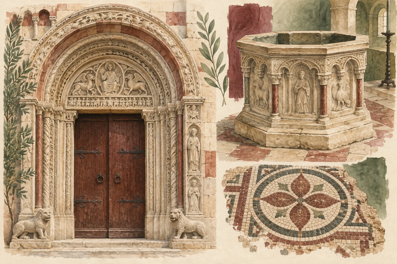 Conceptual architectural study of a Romanesque doorway, stone baptismal font and mosaic fragments.