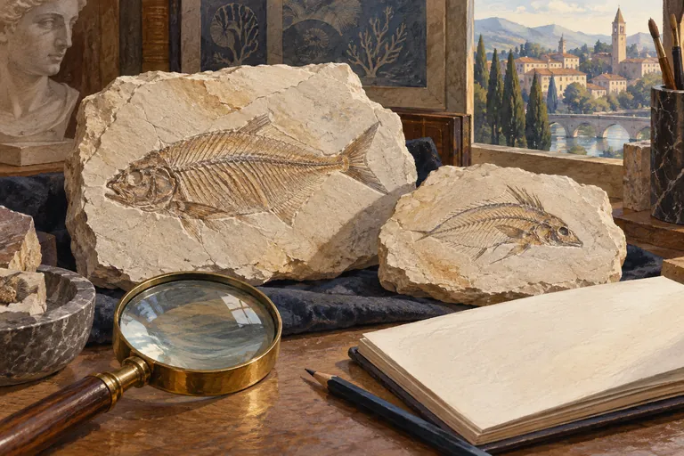 Editorial illustration of imagined fish fossils in pale stone slabs beside a magnifying glass and field notebook.