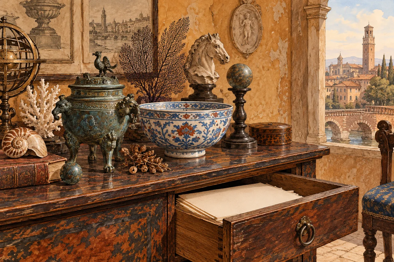 Invented cabinet-of-curiosities illustration with a bronze vessel, patterned bowl and open paper drawer; not a documentary view of the Miniscalchi-Erizzo Museum.