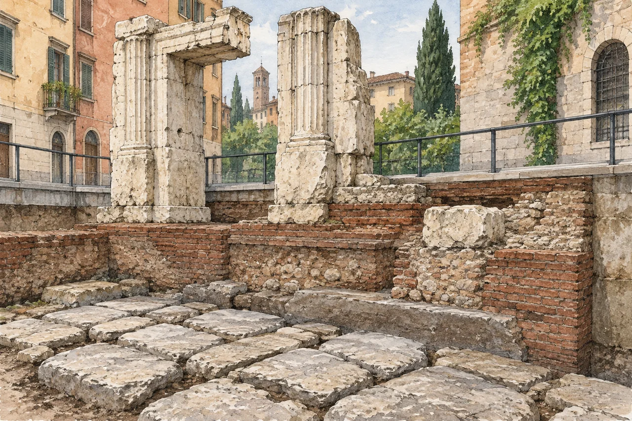 Conceptual watercolor of pale gateway fragments, buried masonry and paving viewed from a modern railing; not a factual reconstruction of Porta Leoni.