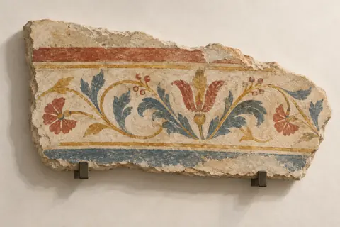 Conceptual gouache illustration of an invented floral plaster fragment on a museum support, not a reproduction of a work in Verona’s fresco museum.