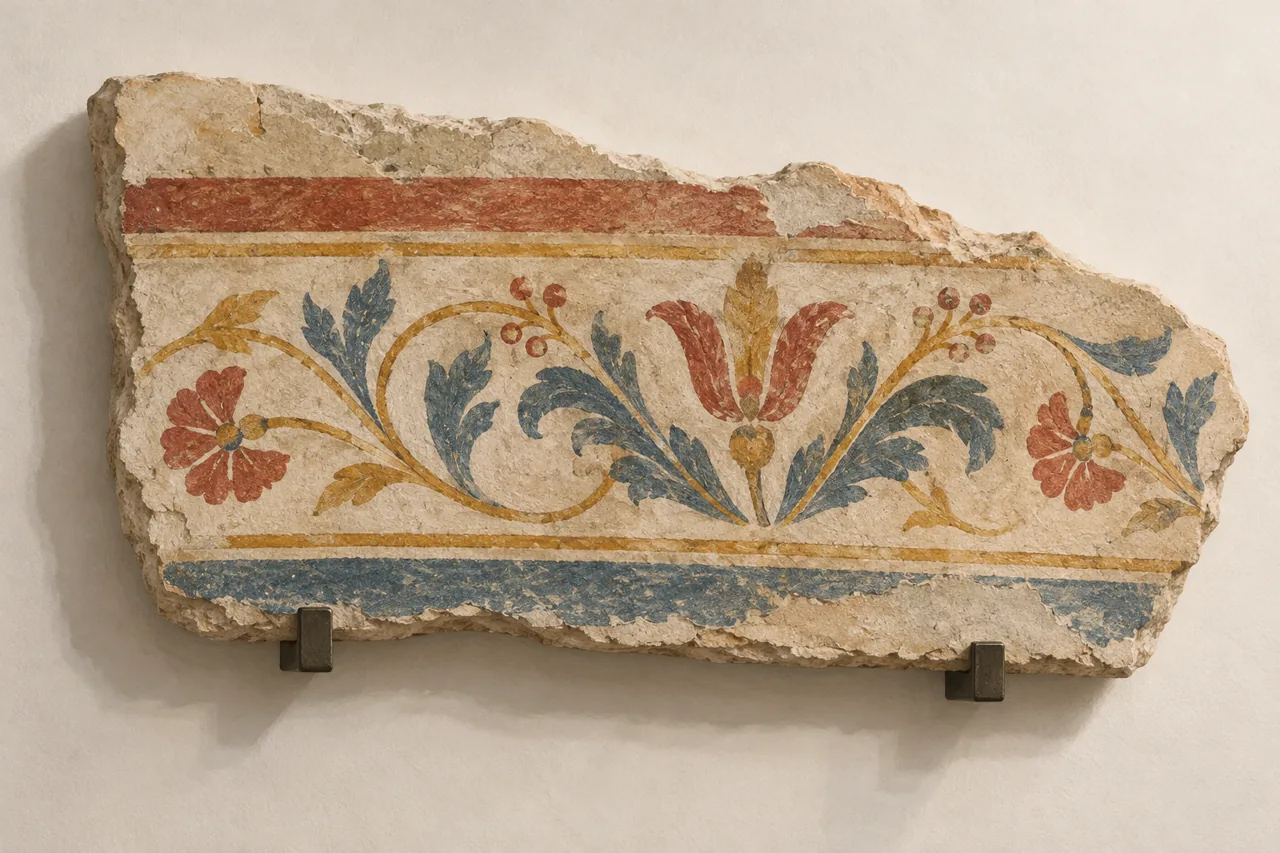 Conceptual gouache illustration of an invented floral plaster fragment on a museum support, not a reproduction of a work in Verona’s fresco museum.