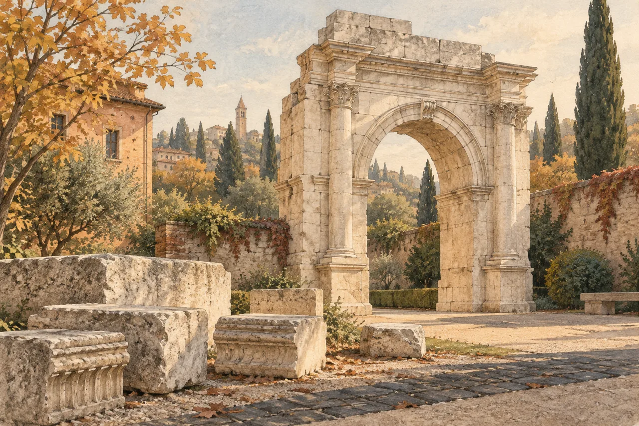Interpretive watercolour of an imagined limestone arch, loose stone blocks and dark paving, suggesting archaeological reassembly rather than documenting the Arco dei Gavi.