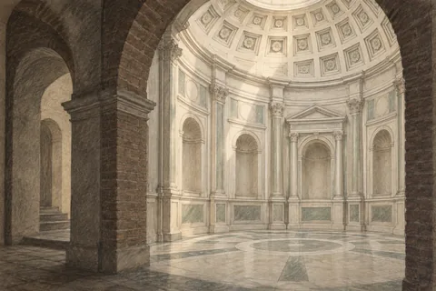 Interpretive charcoal-and-chalk illustration of an imagined circular Renaissance chapel seen through a brick arch, not an exact view of Verona’s Pellegrini Chapel.