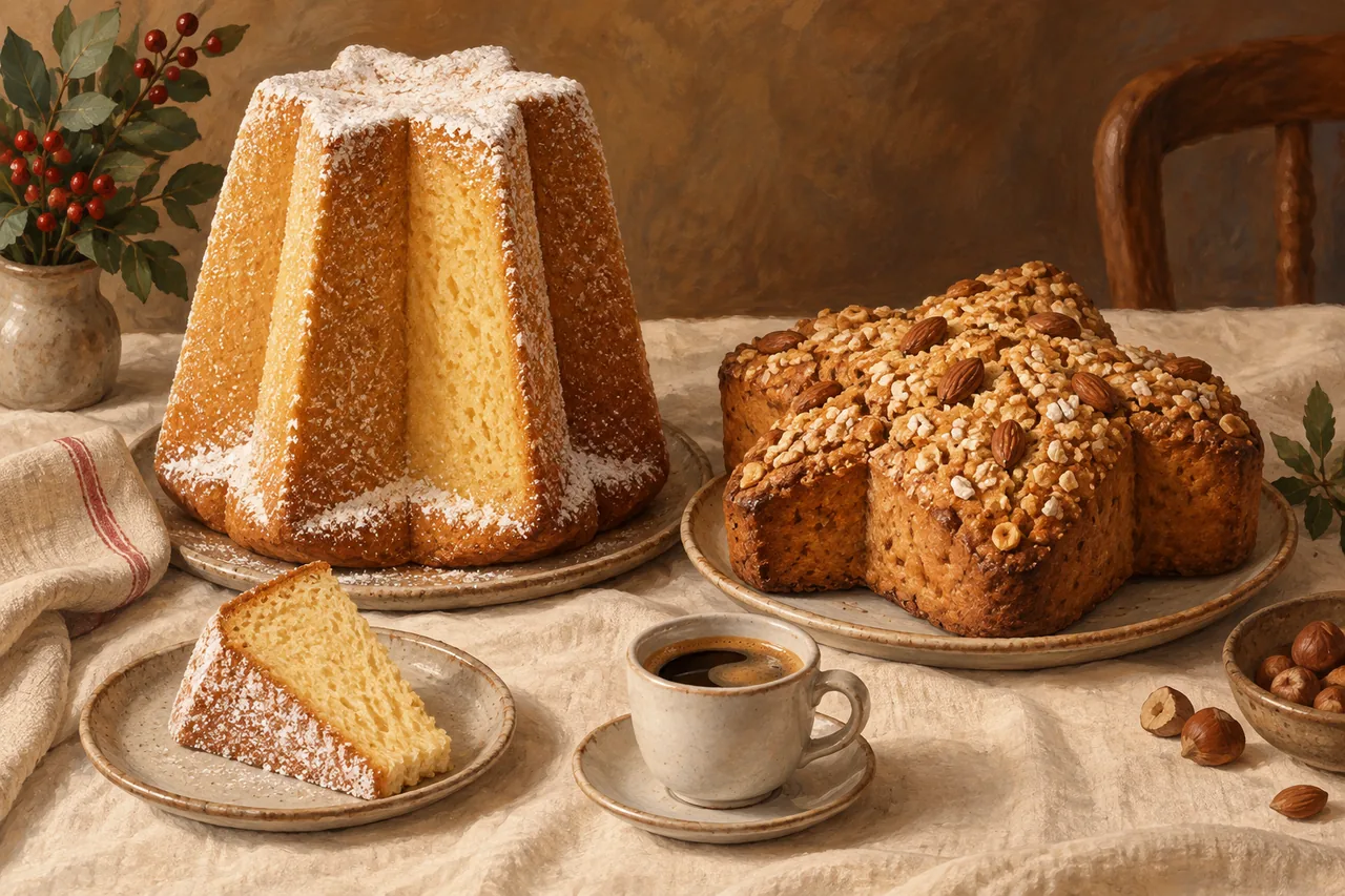 Conceptual gouache still life of a tall sugar-dusted pandoro and a lower star-shaped cake beside coffee, illustrating Veronese festive baking rather than a bakery’s products.