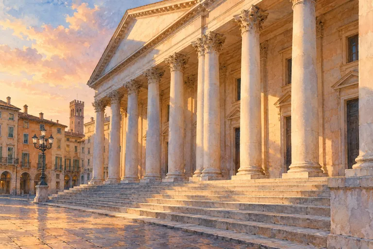 Watercolour architectural study of an imagined neoclassical colonnade, steps and warm evening shadows; not a measured reconstruction of Palazzo Barbieri or a photograph.