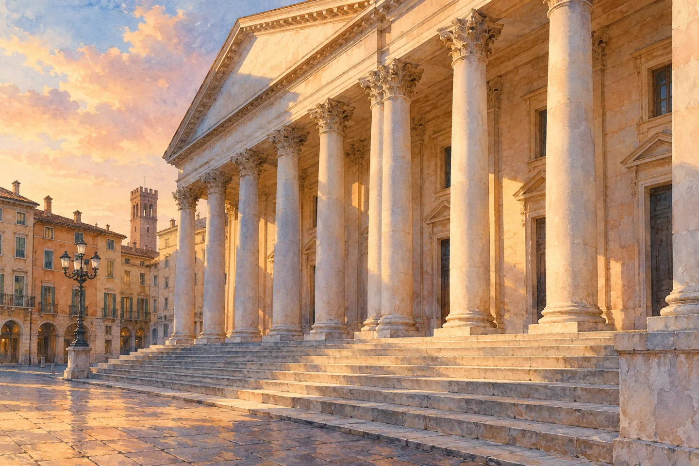 Watercolour architectural study of an imagined neoclassical colonnade, steps and warm evening shadows; not a measured reconstruction of Palazzo Barbieri or a photograph.