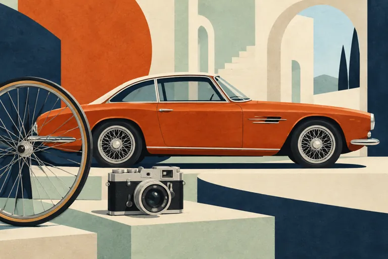Cut-paper-style illustration of a generic orange classic car, bicycle wheel and vintage camera in an imagined setting; not a photograph of the Nicolis collection.