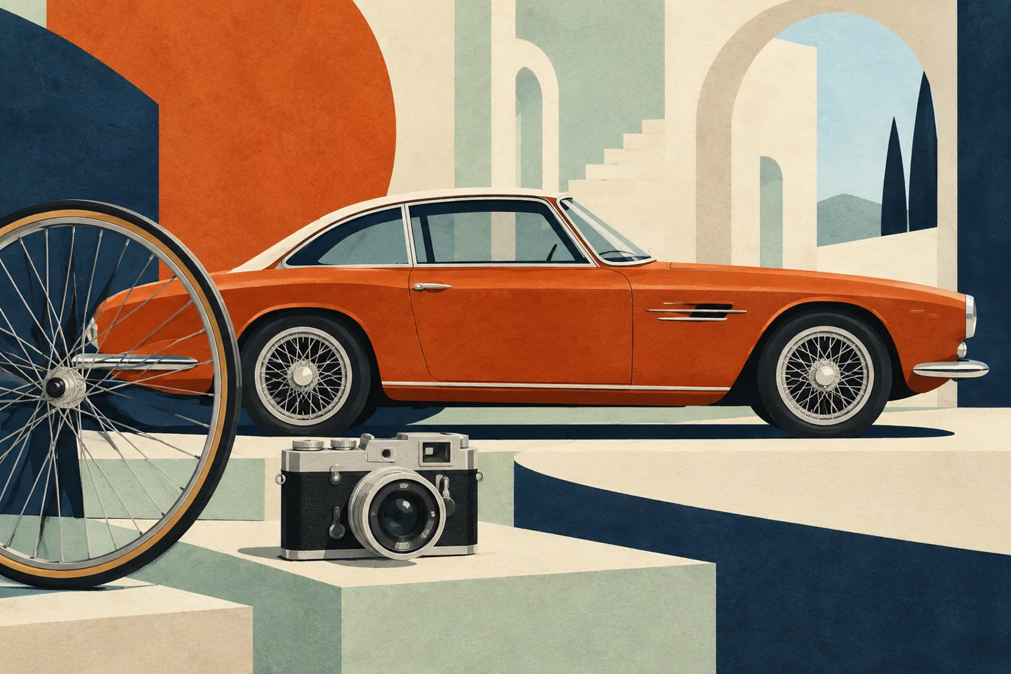 Cut-paper-style illustration of a generic orange classic car, bicycle wheel and vintage camera in an imagined setting; not a photograph of the Nicolis collection.