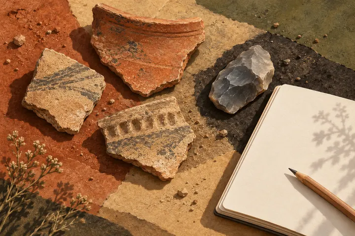 Pastel-style illustration of generic pottery fragments, a flint-like stone and a blank notebook; conceptual archaeology artwork, not objects from Verona’s museum.
