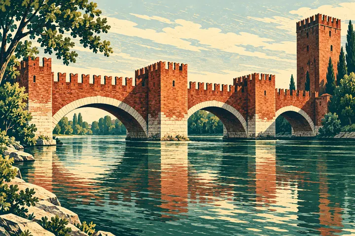 Linocut-style interpretation of a red-brick battlemented bridge over green water, inspired by Verona; not a measured view or historical reconstruction of Ponte Scaligero.