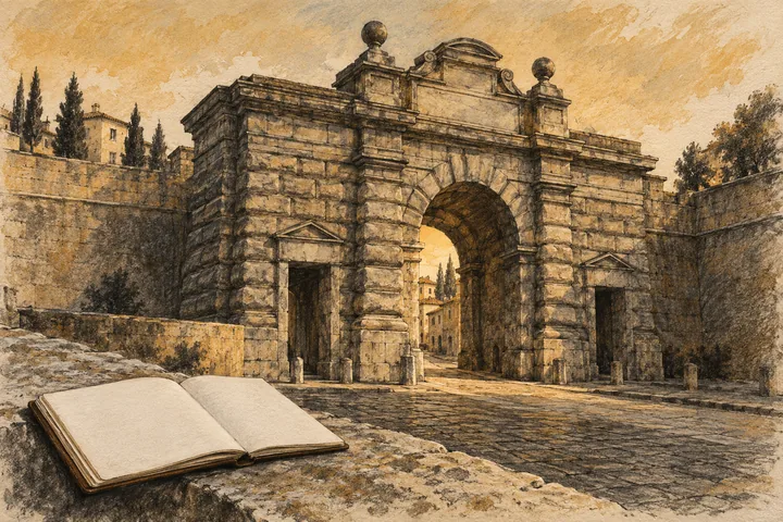 Charcoal-and-ochre illustration of an imagined rusticated stone gateway and blank notebook; not an exact rendering of Porta Nuova or a historical reconstruction.