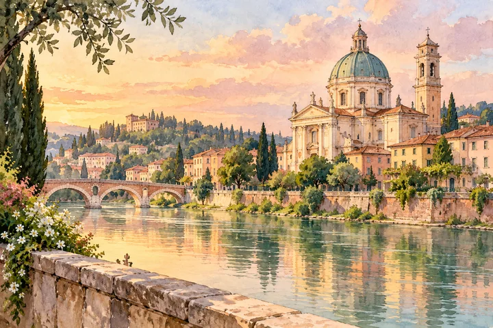 Watercolour illustration of an imagined domed church beside a river and hillside buildings; a Verona-inspired composition, not a view of the actual San Giorgio in Braida.
