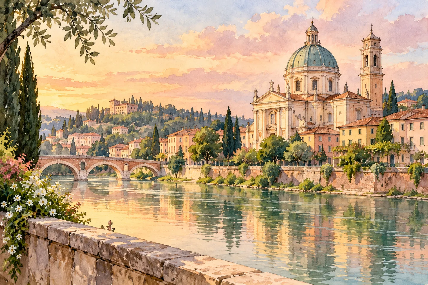 Watercolour illustration of an imagined domed church beside a river and hillside buildings; a Verona-inspired composition, not a view of the actual San Giorgio in Braida.